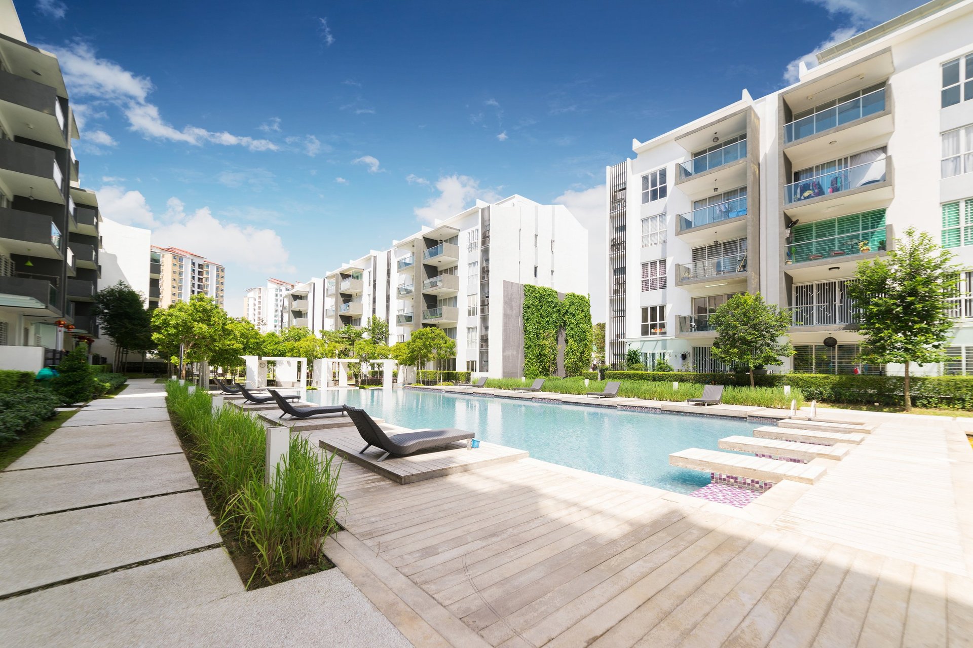 Modern residential buildings with outdoor facilities, Facade of new low-energy houses