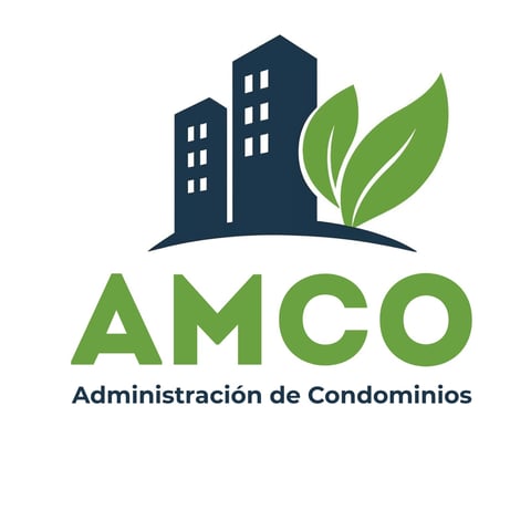 AMCO logo for condominium management with dark blue buildings and green leaf design